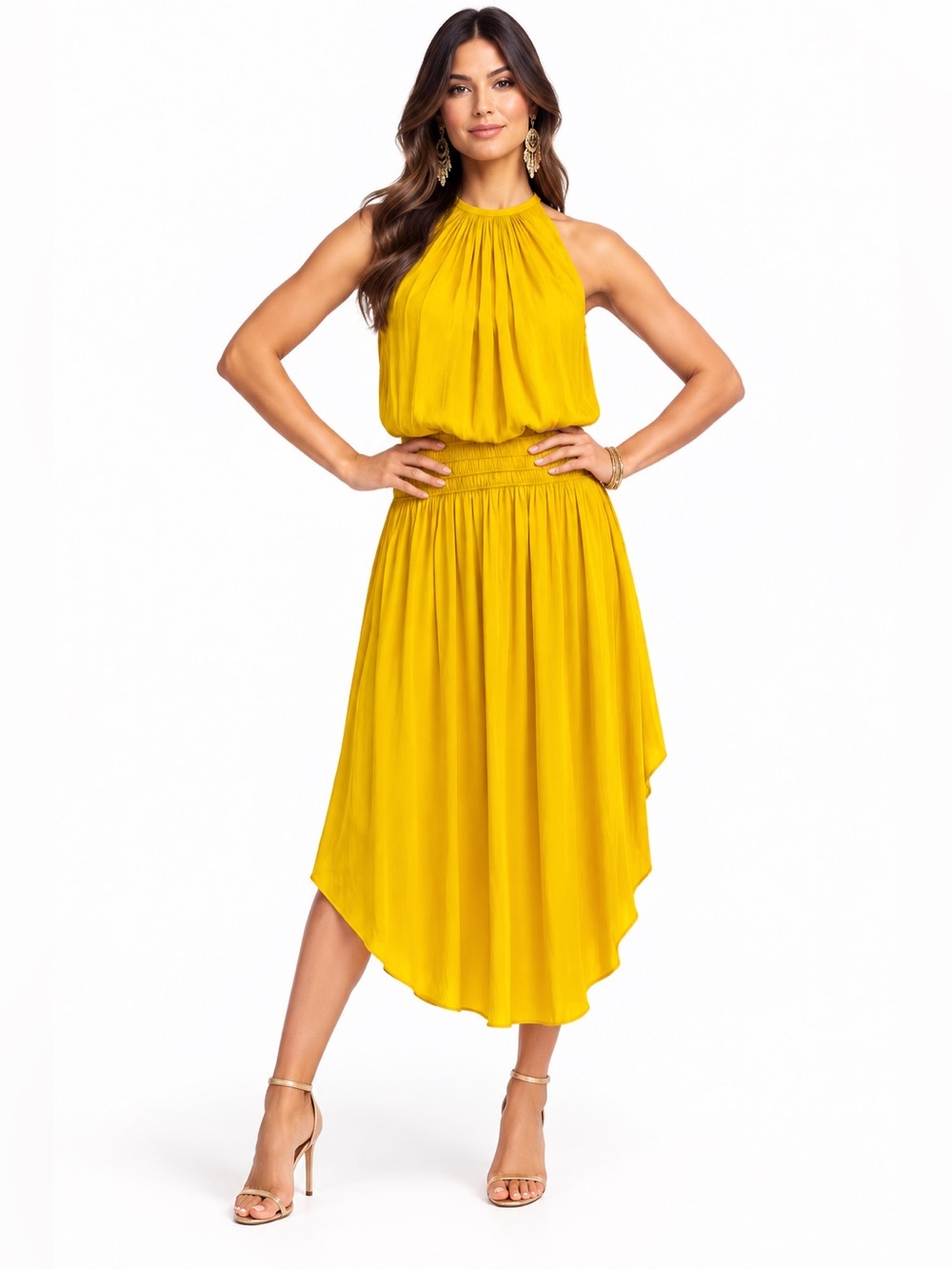 Ramy Brook Audrey Yellow Halter Midi Dress Smocked Waist Handkerchief Hem SZ-S